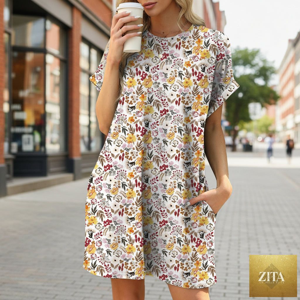 Floral print loose pocket dress by FitiqueFit with round neck and short sleeves, perfect casualwear for warm weather.