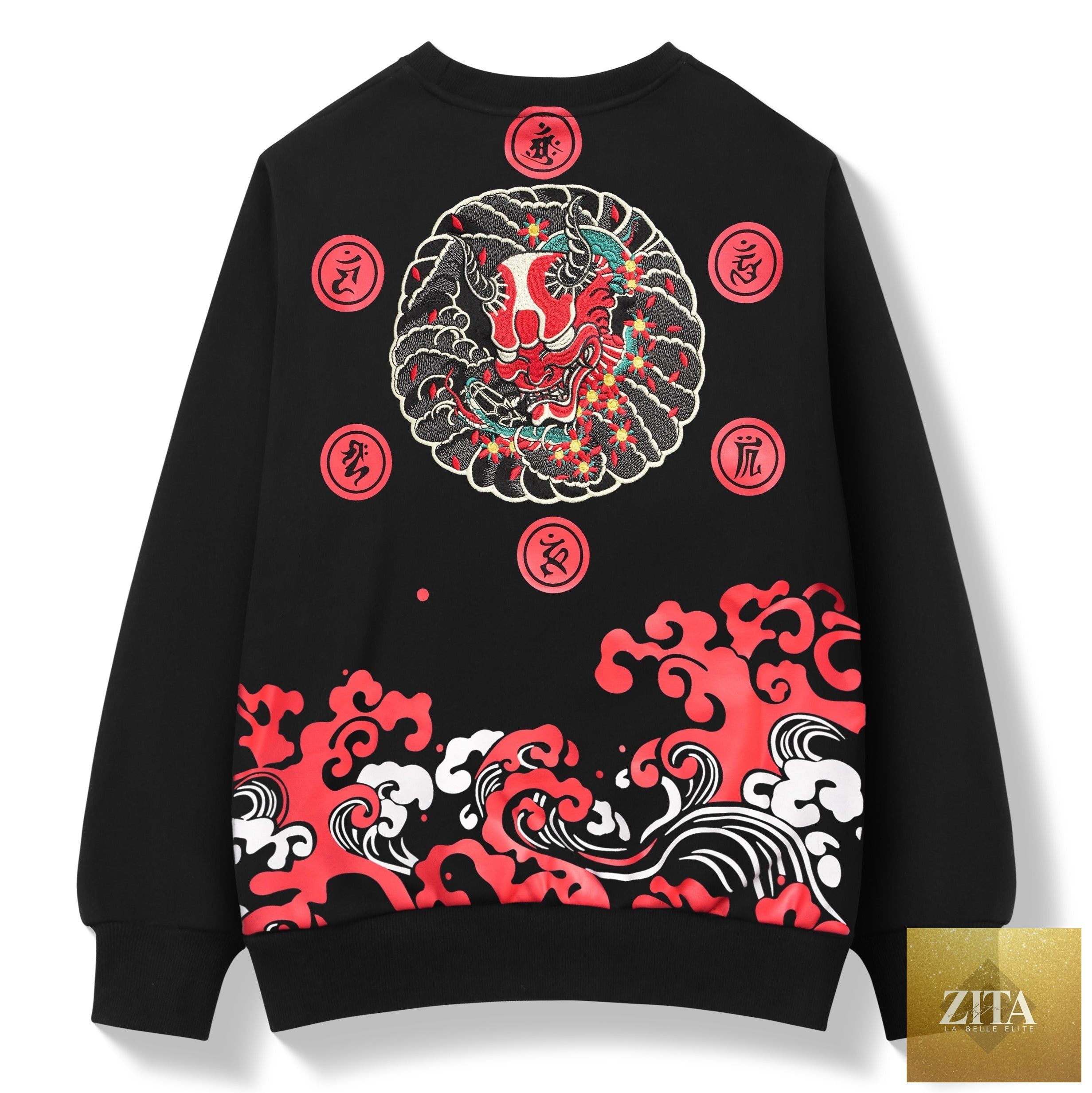 Red Demon embroidered sweater from Niepce, featuring detailed demon design on a stylish sweatshirt.