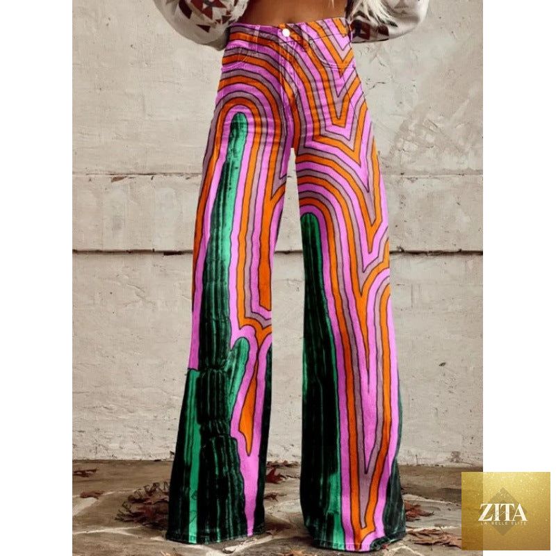 Women's printed flare pants from Zita La Belle Elite, mid-waist casualwear with full-length plus size fit and vibrant printed design.