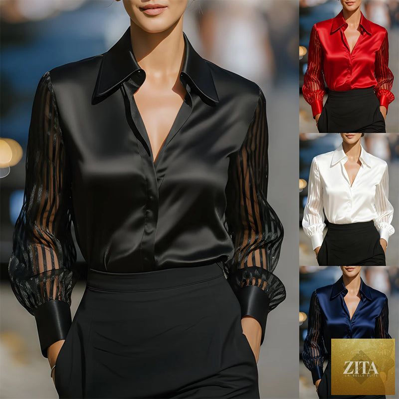 Women’s satin lapel collar blouse by FitiqueFit with sheer long sleeves, button-down casual shirt for office and spring/autumn wear.