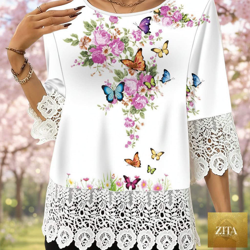 Printed patchwork three-quarter sleeve top by Zita La Belle Elite, women's loose-fit casual pullover with colorful patchwork design.