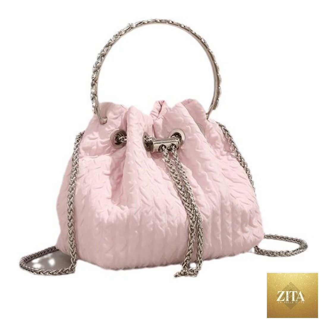 Luxury nude rhinestone chain evening bag for women, SHOMICOBOUTIQUE, with drawstring bucket design and clutch style for parties and proms.
