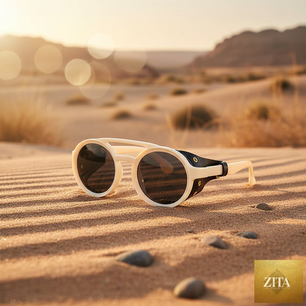 Retro round leather frame sunglasses by FitiqueFit with vintage style, featuring brown leather arms and dark tinted lenses.
