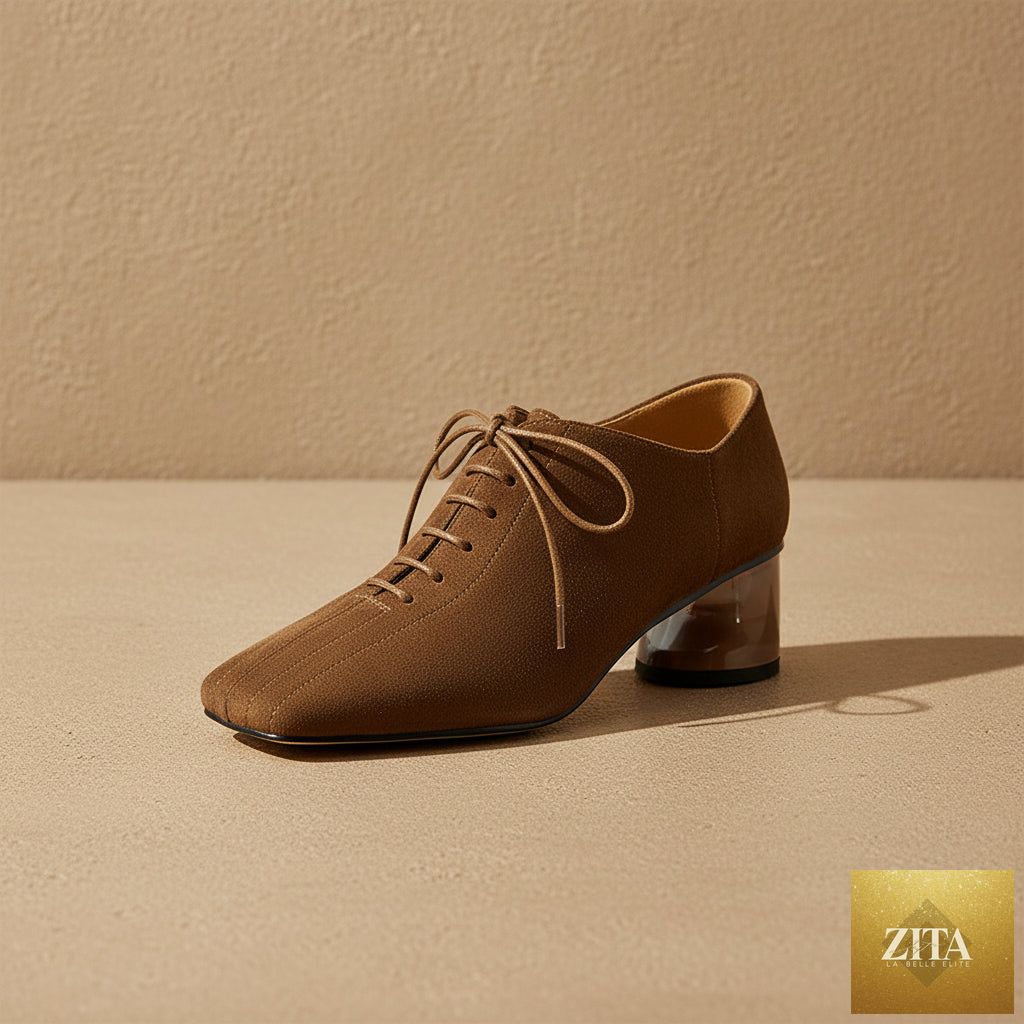 Women's retro sheepskin square toe chunky heel pumps with lace-up design and mid heel from Zita La Belle Elite, showcasing stylish footwear.