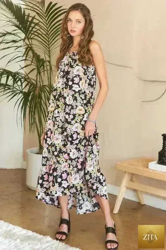 Femstylo ADORA Floral Grecian midi dress for women, polyester fabric with elegant floral design and flowing silhouette.