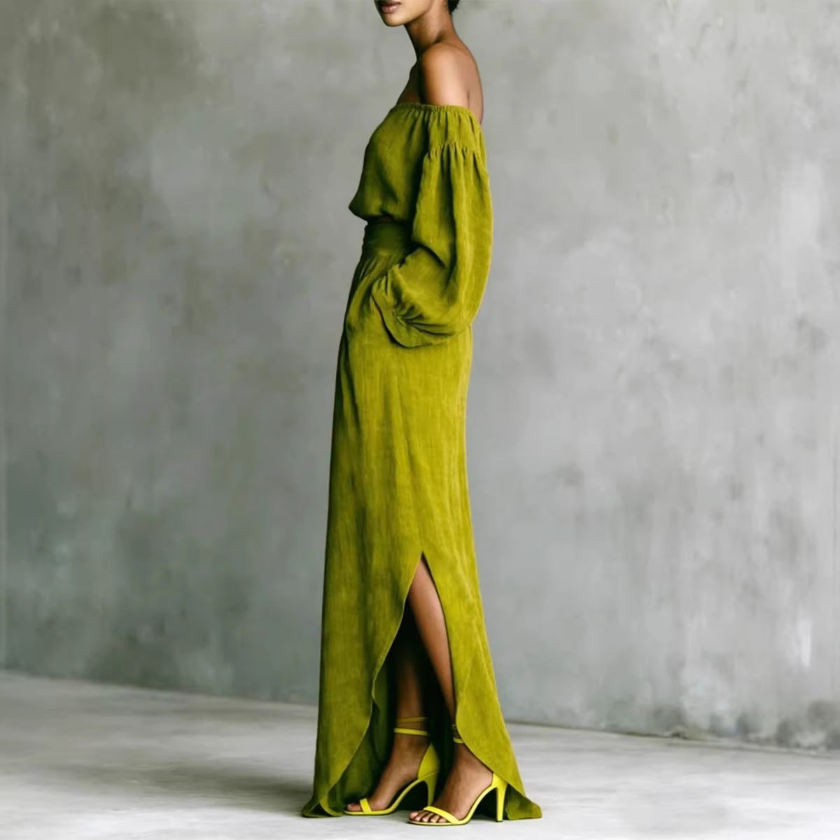 FitiqueFit off-shoulder casual top and asymmetrical maxi skirt set for women, stylish 2-piece outfit in soft fabric.
