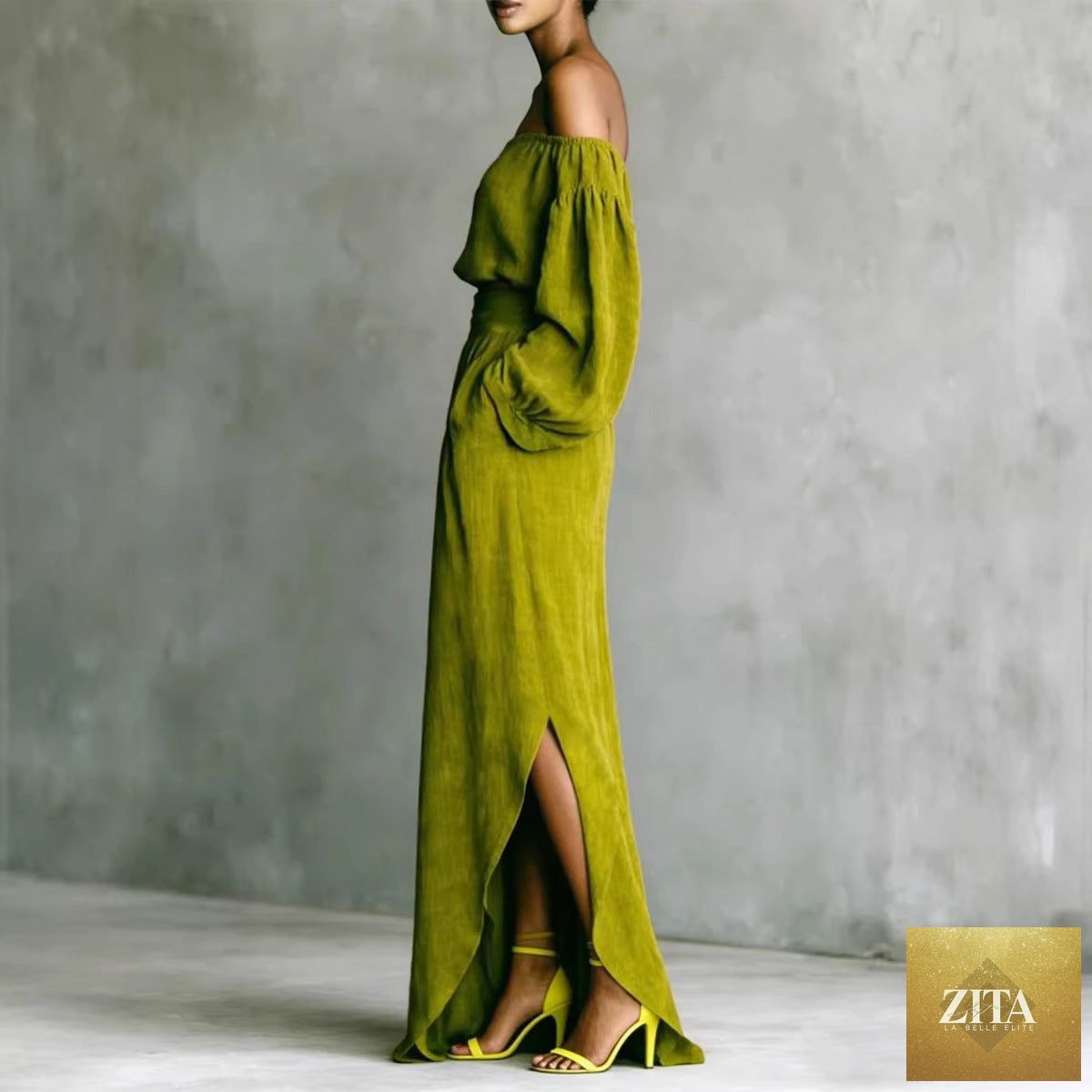 Zita La Belle Elite off-shoulder top and asymmetrical maxi skirt set for women, casualwear 2-piece outfit, stylish and comfortable.