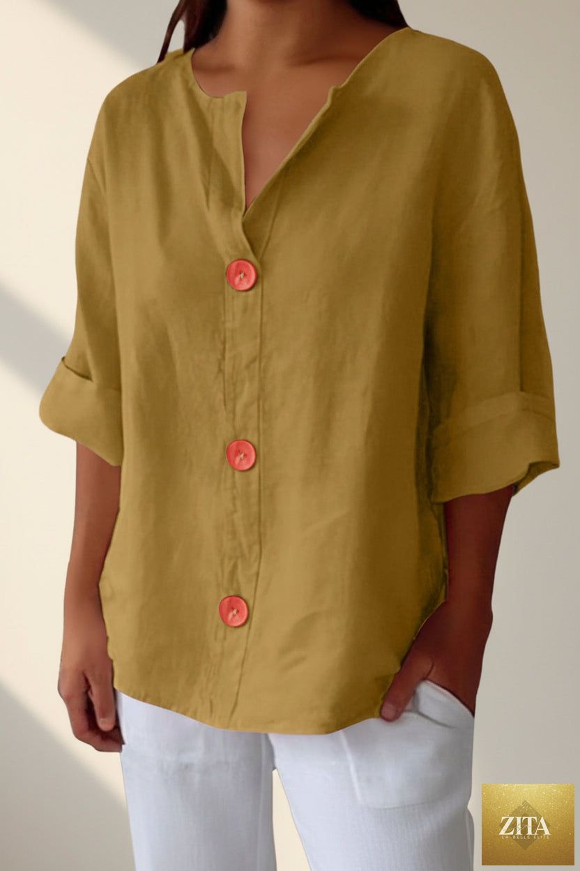 Women's V-neck cotton linen casual blouse with button details by FitiqueFit, featuring a relaxed fit and lightweight fabric.