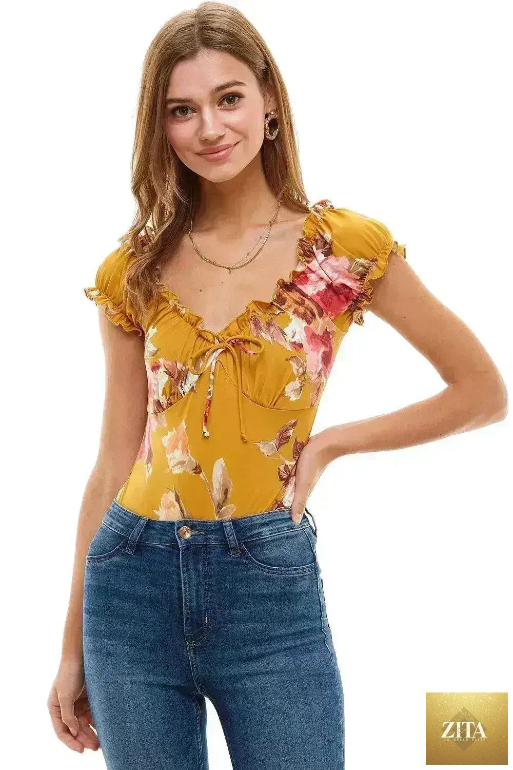Floral print peasant puff sleeve bodysuit by Femstylo featuring a feminine design and lightweight fabric.