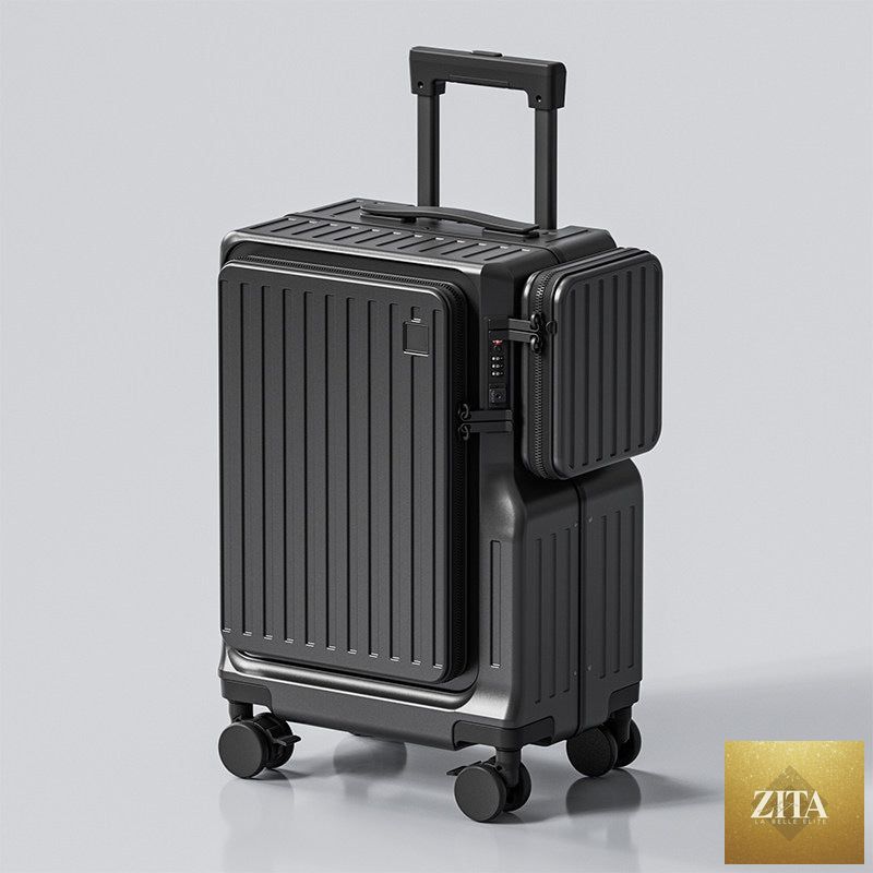Front-opening 20-inch carry-on suitcase by Social Buzz eSIMs with durable hard shell and retractable handle, suitable for travel.