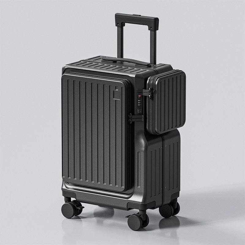 Front-opening 20-inch carry-on suitcase by Social Buzz eSIMs with durable hard shell and retractable handle, suitable for travel.