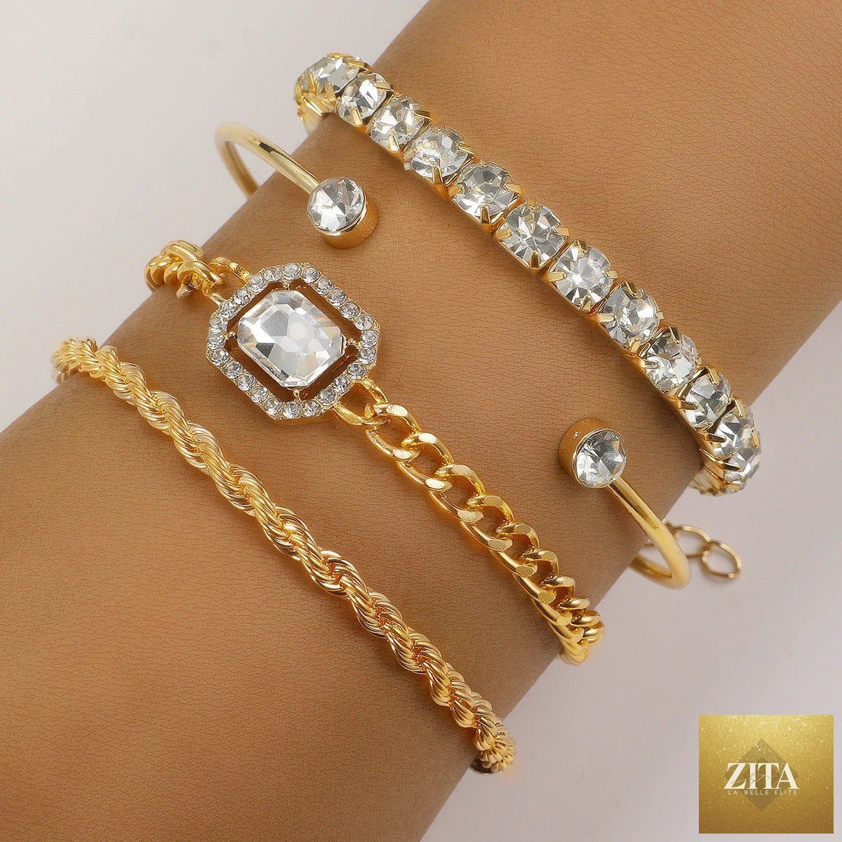 Mandotos fashion jewelry set featuring four crystal bracelets with bohemian twisted cuff and chain designs for women.