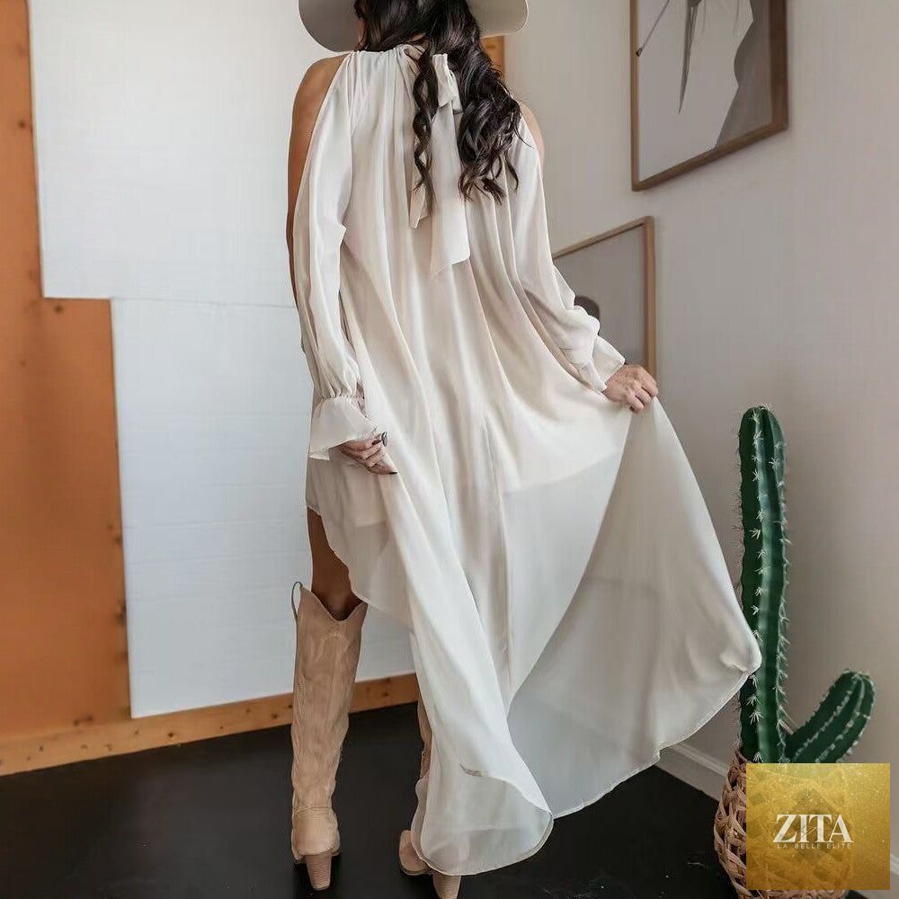 Zita La Belle Elite high neck asymmetric maxi chiffon dress with long sleeves, loose fit, casualwear style in soft flowing fabric.