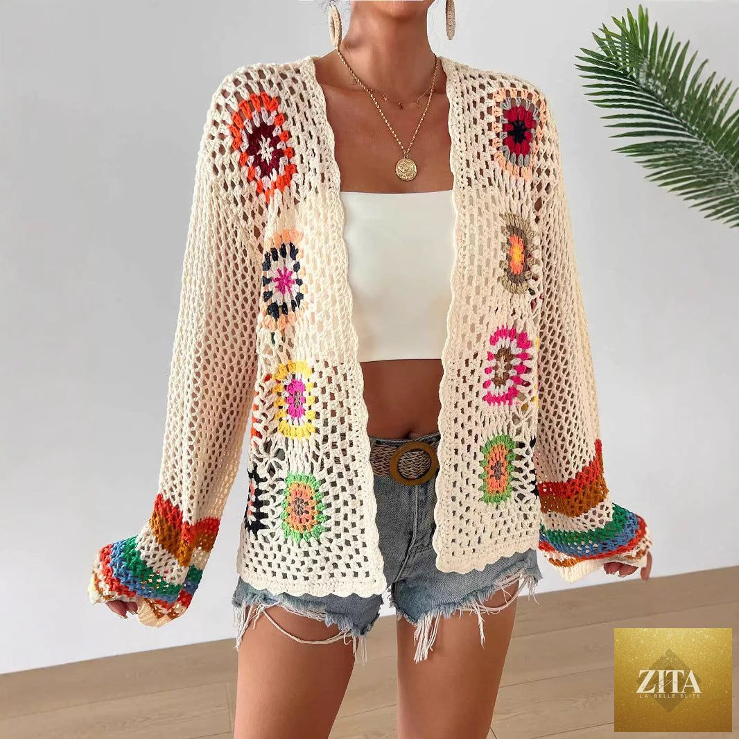 Hand-crocheted floral cardigan sweater by FitiqueFit, a boho open-front knit top with a casual, feminine design.