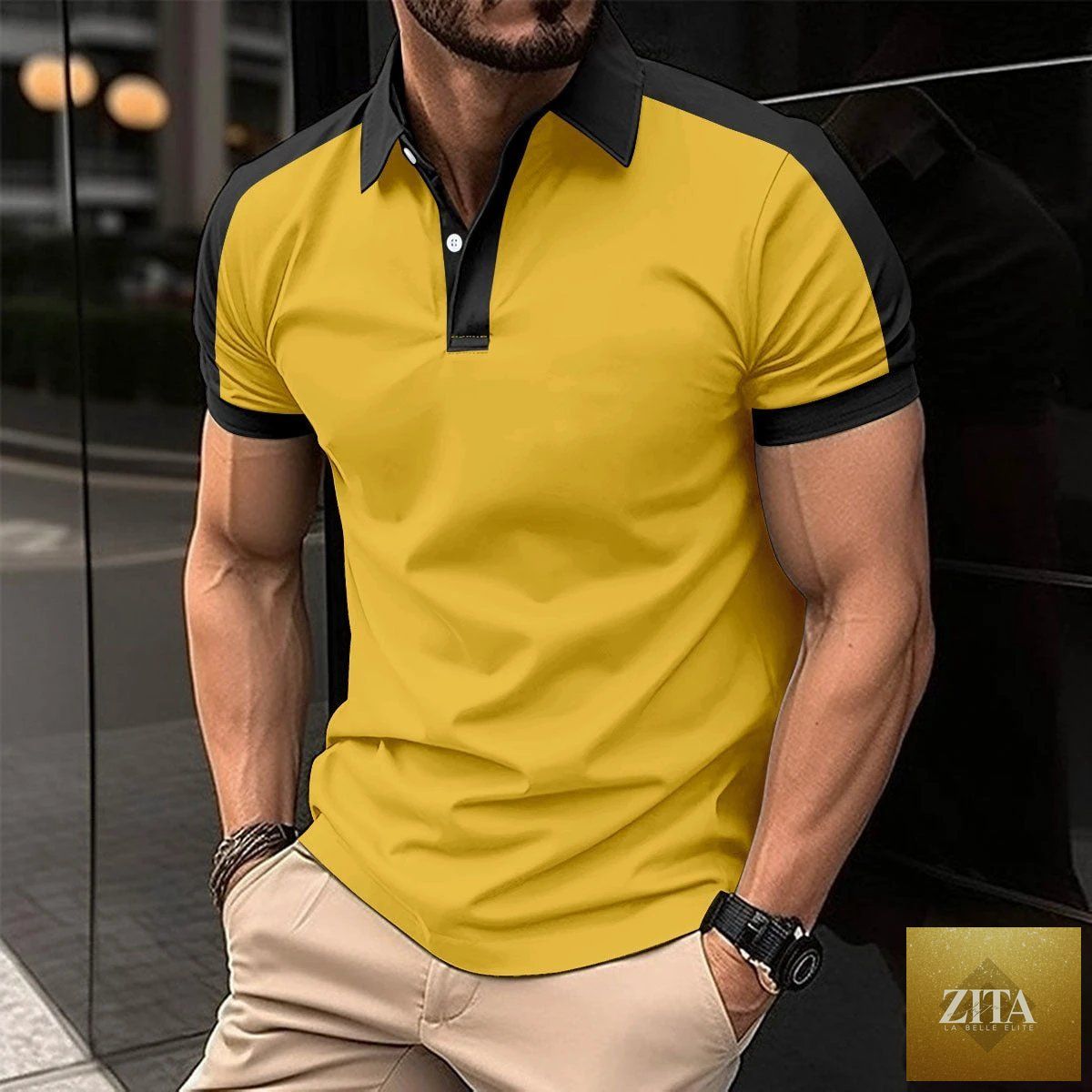 Men's short sleeve business polo shirt by MANDOTOS, casual summer style, shown with a collar and button placket.