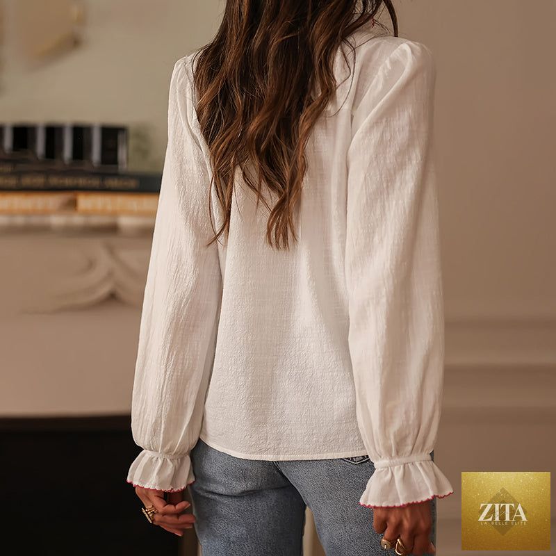 FitiqueFit boho floral ruffle blouse with V-neck, lantern sleeves, and button-down front, perfect for casualwear.