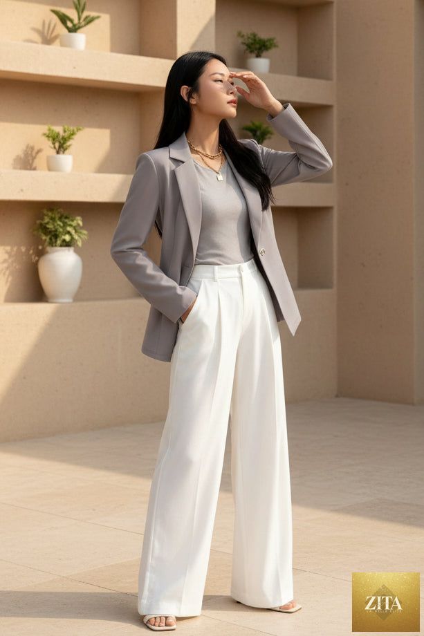 Women's slim fit blazer with lapel collar and long sleeves, featuring a waist-cinched design, by FitiqueFit.