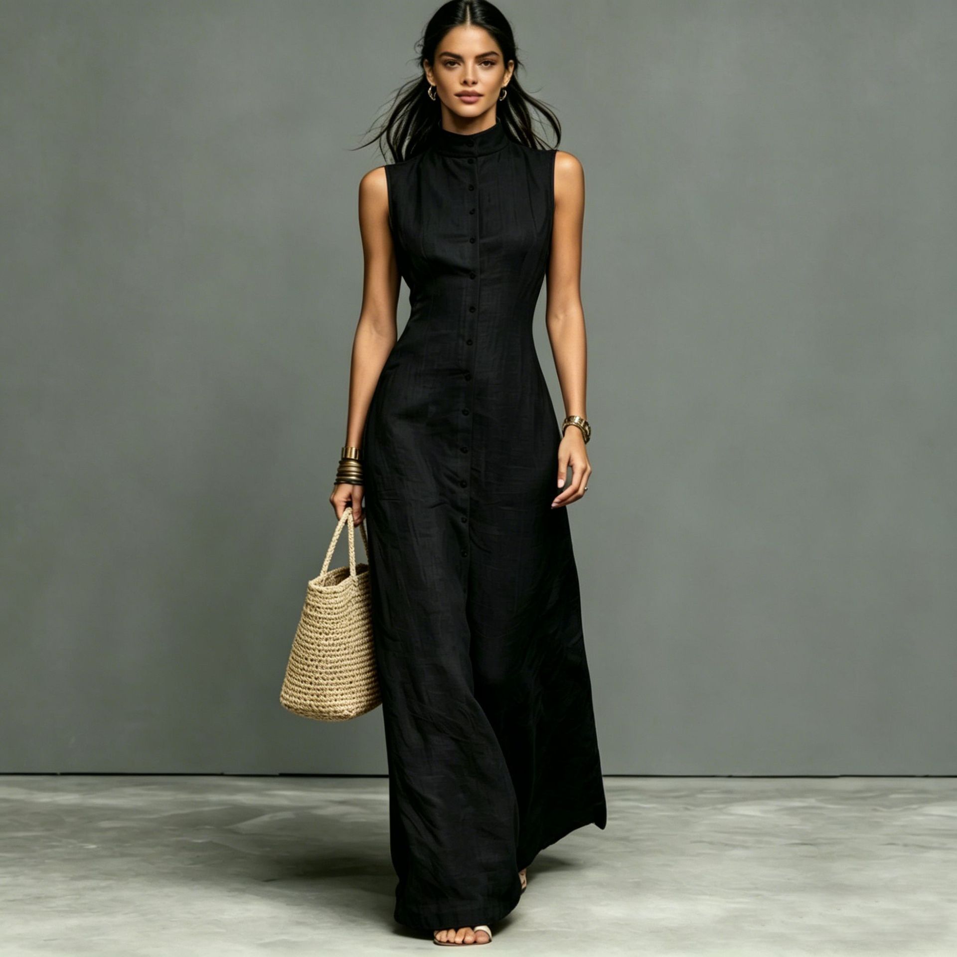 Women's sleeveless midi dress with stand collar and single-breasted design from FitiqueFit, perfect for casualwear.