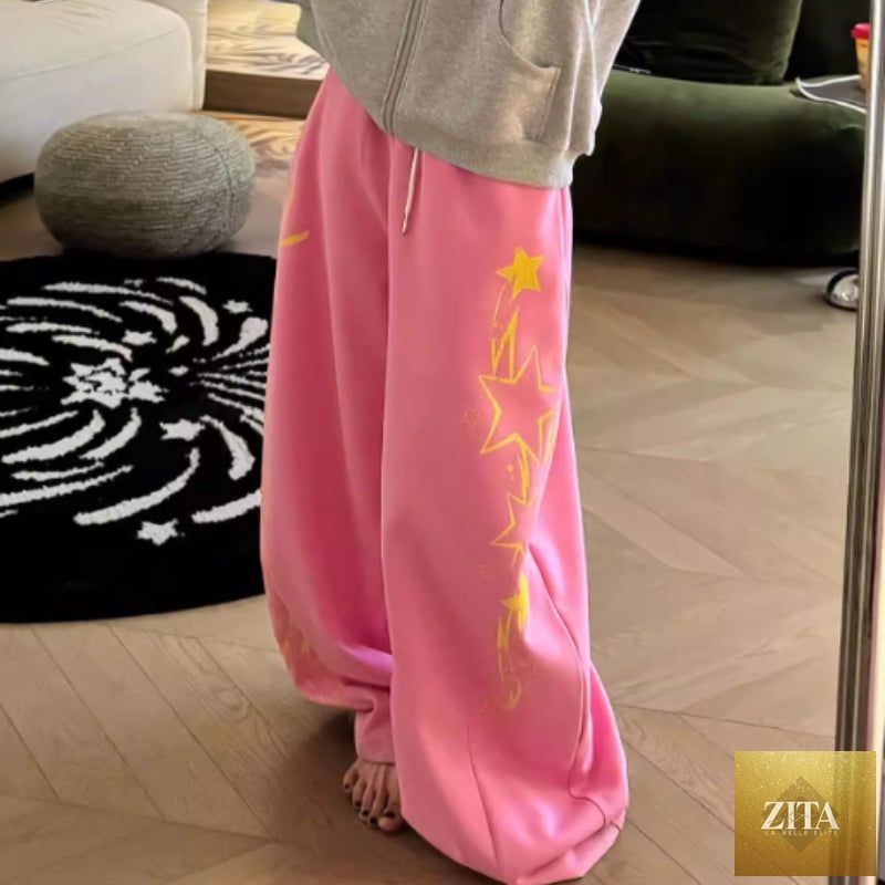 Casual women's Retro Print Letter drawstring pants with relaxed fit and stylish design, featuring colorful letter patterns.