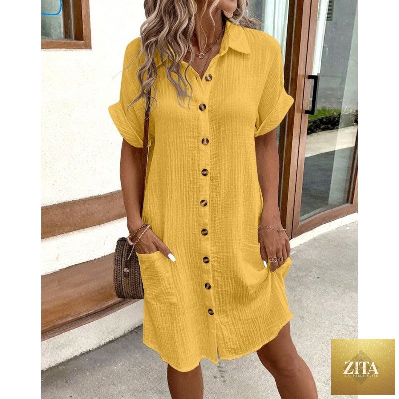 Women's cotton linen shirt dress by Zita La Belle Elite featuring a V-neck, button-front, and A-line silhouette.