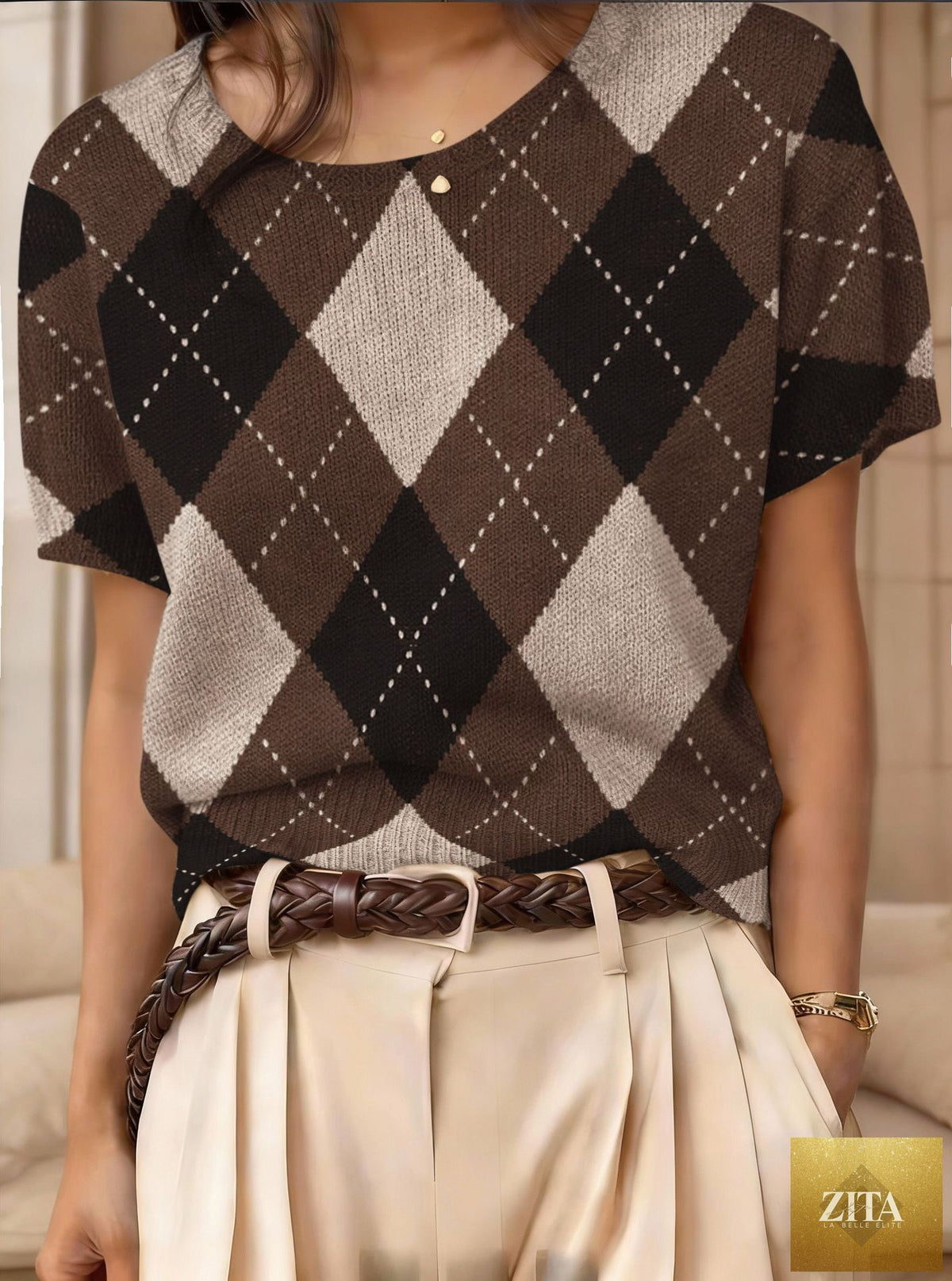 Women's retro short-sleeve jacquard knit top by Zita La Belle Elite, featuring a stylish pattern and casual fit.