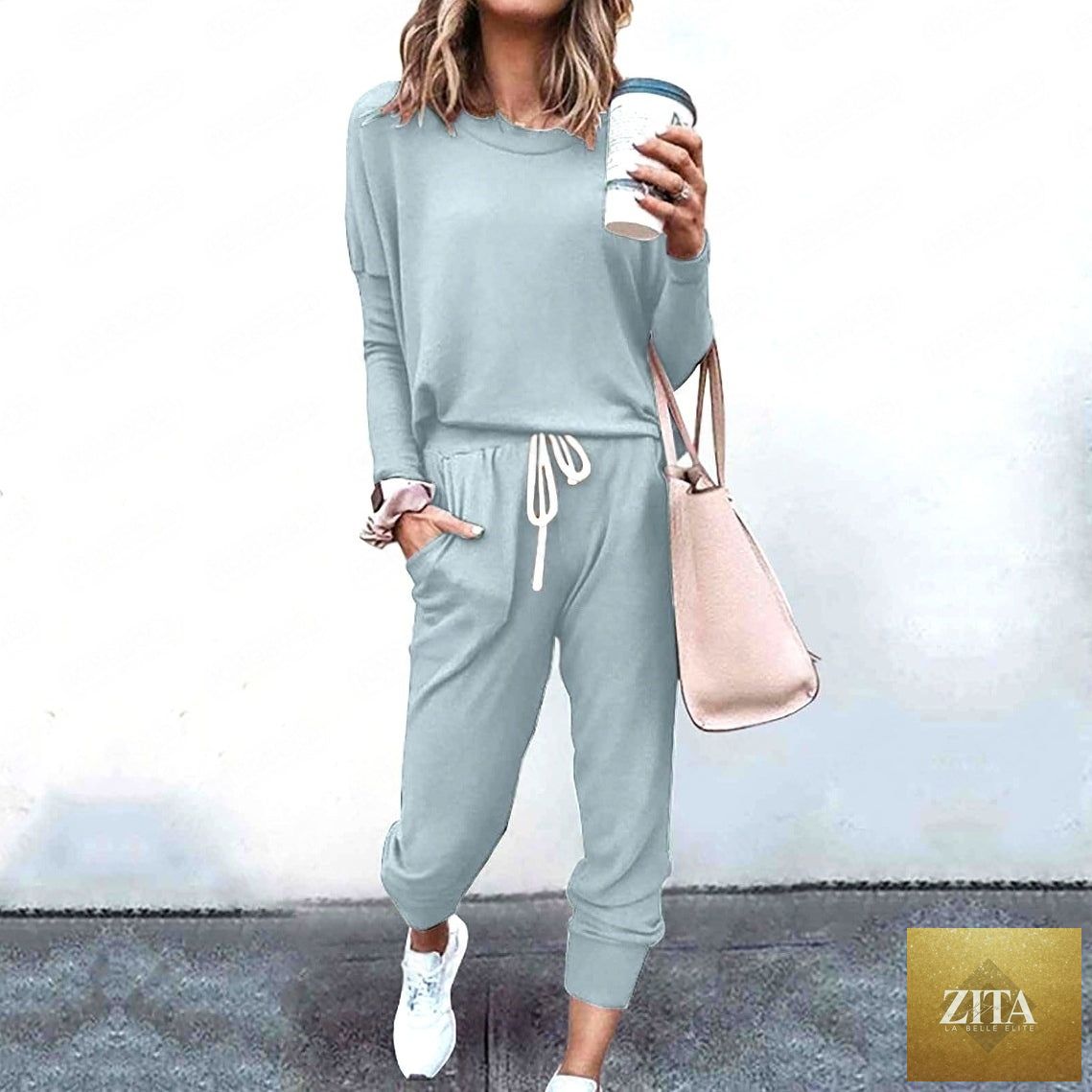 Zita La Belle Elite women's long sleeve T-shirt and pencil pants set with striped and solid design, loose fit, stylish casual outfit