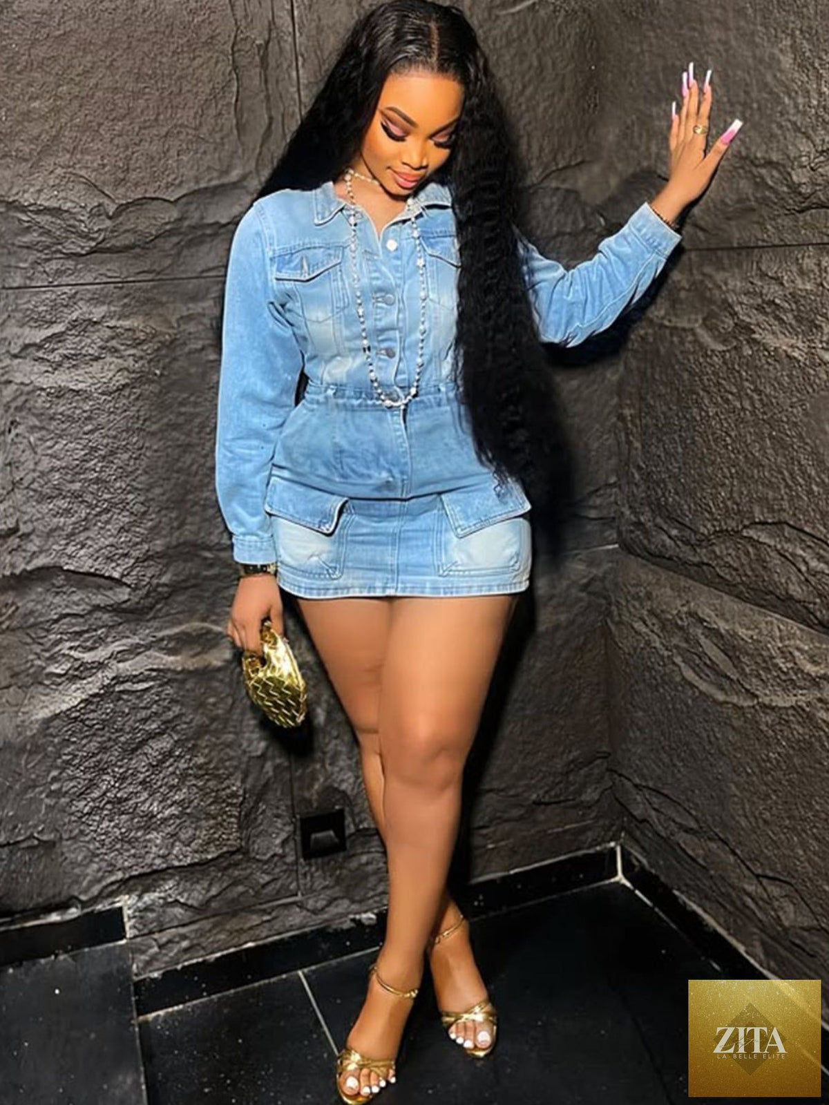 Women's high-waisted washed denim mini dress with multi-pocket design and hip-lifting style, by FitiqueFit.