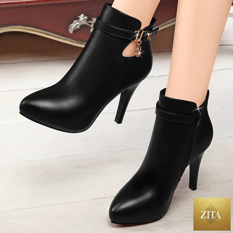 Stylish waterproof women high heels with pointed toe booties from Trendy Attic Store01, perfect for versatile fashion looks.