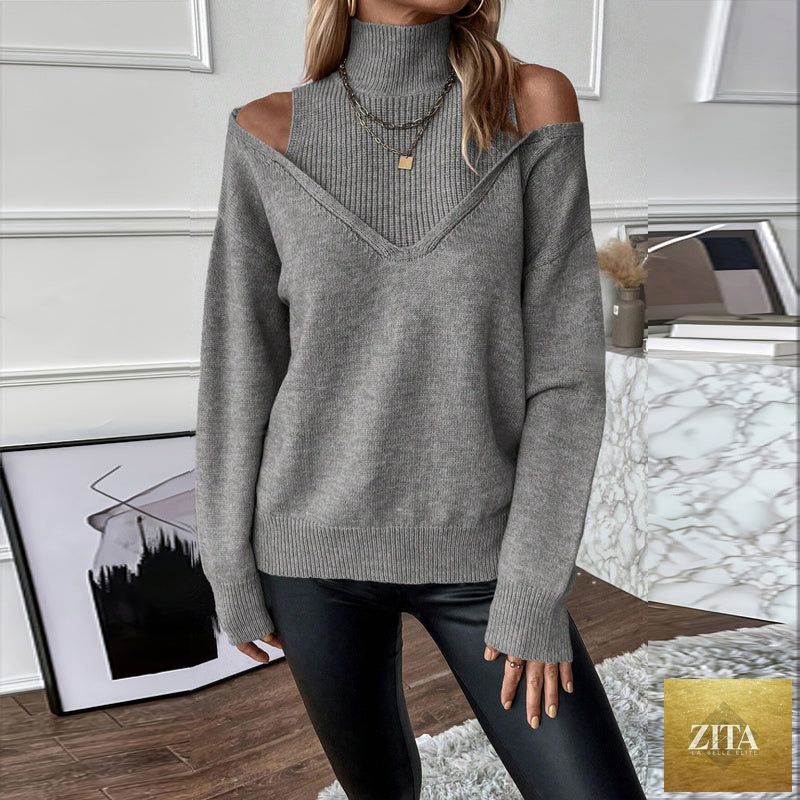 Women's elegant off-shoulder turtleneck sweater by FitiqueFit, long sleeve knit casualwear top with a stylish off-shoulder design.