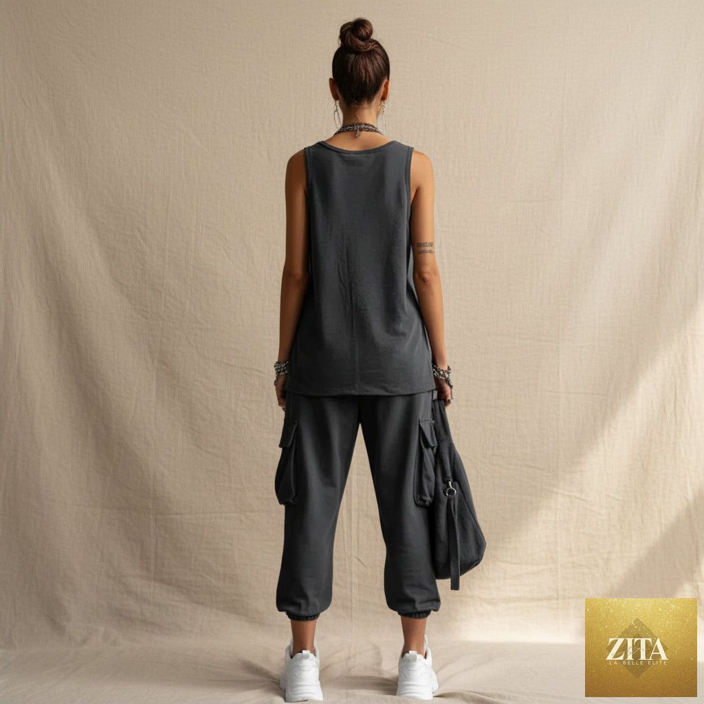 Zita La Belle Elite women's sleeveless tank top and cropped ankle pants two-piece set, casual summer outfit with relaxed fit.