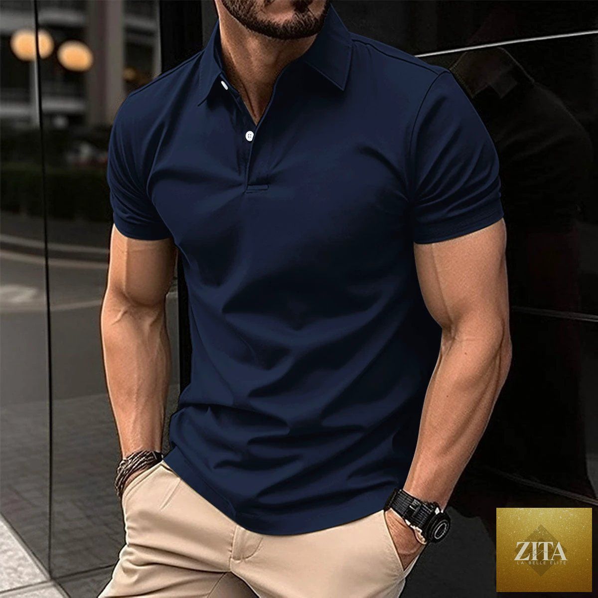 Men's summer short sleeve polo shirt by MANDOTOS in solid color with button lapel and classic polo design.