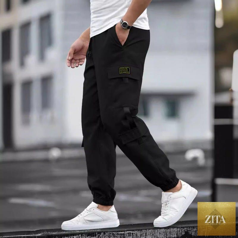 Mandotos men's retro jogger casual work pants with a relaxed fit, featuring an elastic waistband and side pockets.