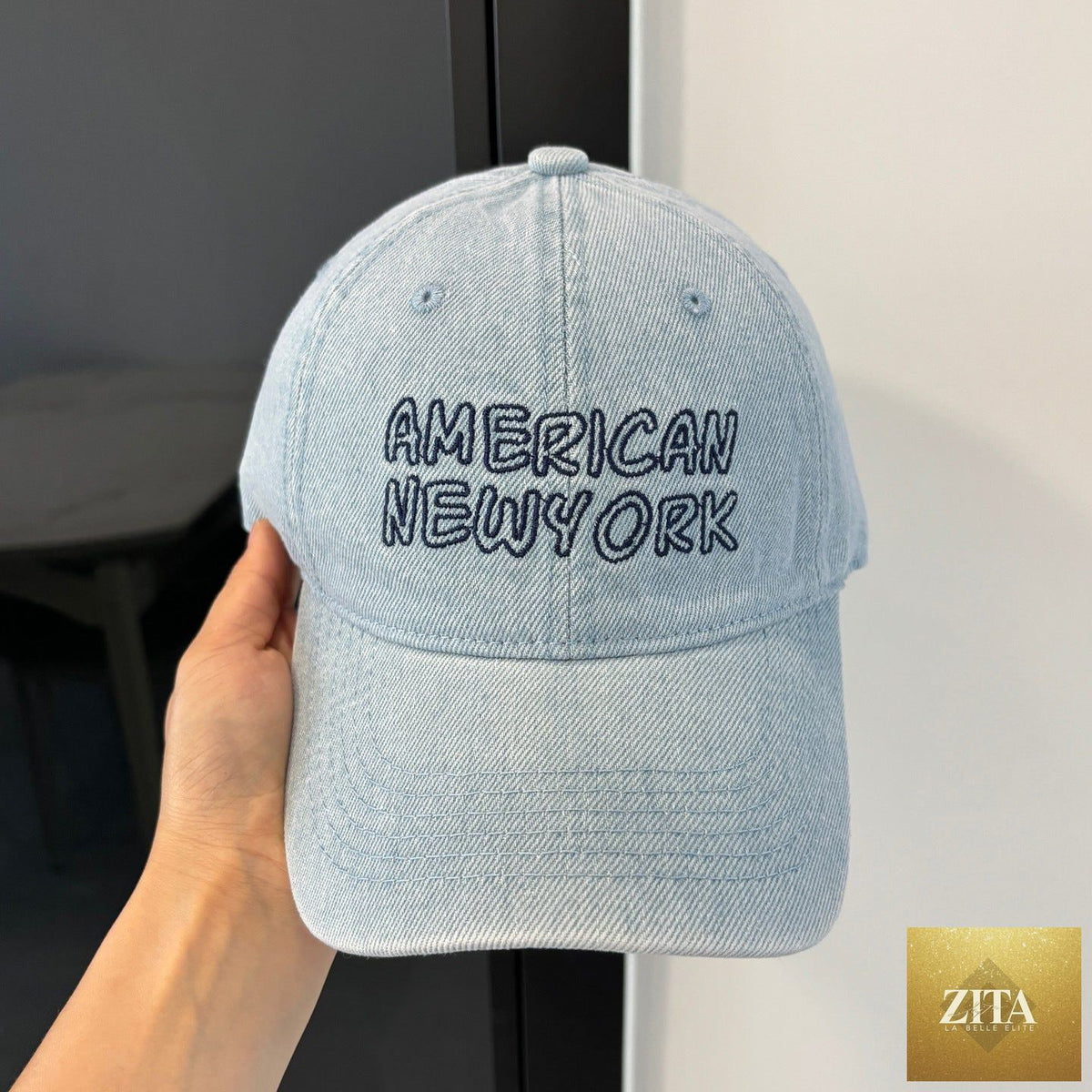 American Retro Washed Denim Peaked Cap by FitiqueFit, vintage Korean-style baseball hat with distressed denim and curved brim.