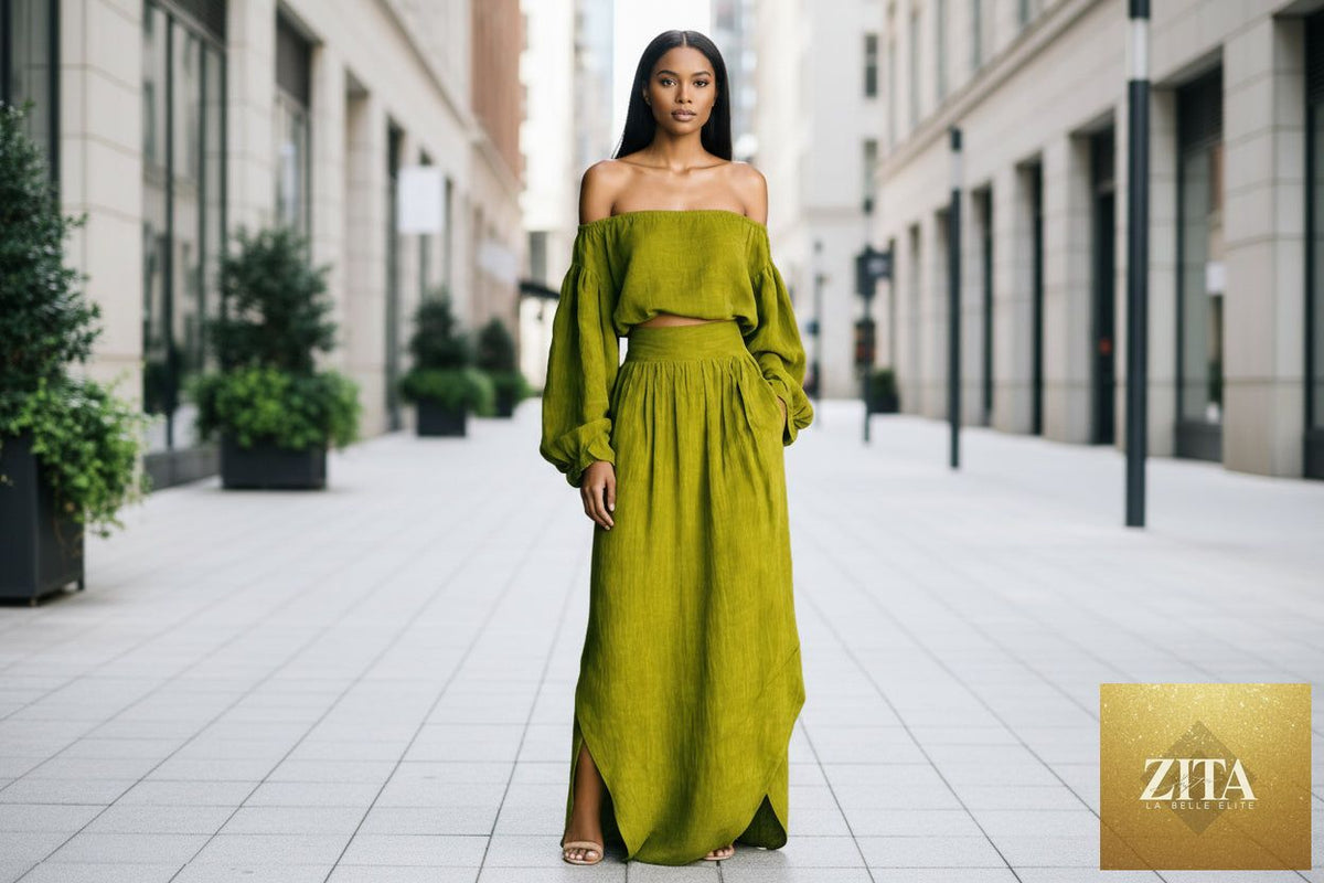Zita La Belle Elite off-shoulder top and asymmetrical maxi skirt set for women, casual wear, shown in a stylish 2-piece outfit.