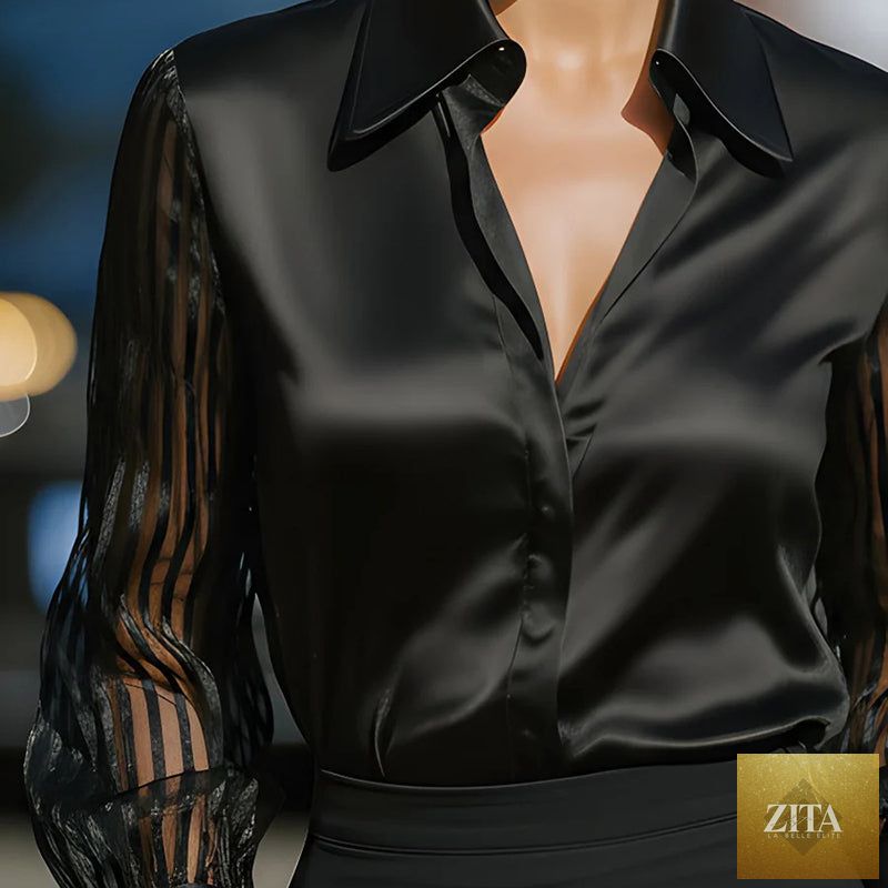 Women’s satin lapel collar blouse by FitiqueFit, sheer long sleeve button-down shirt with elegant style for office and spring/autumn wear.