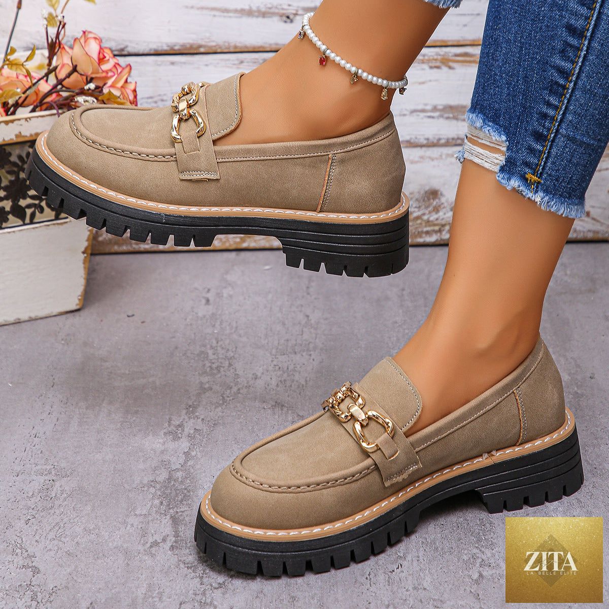 Women's British-style chunky block heel low-top shoes by FitiqueFit, featuring tan leather with sturdy soles and classic design.