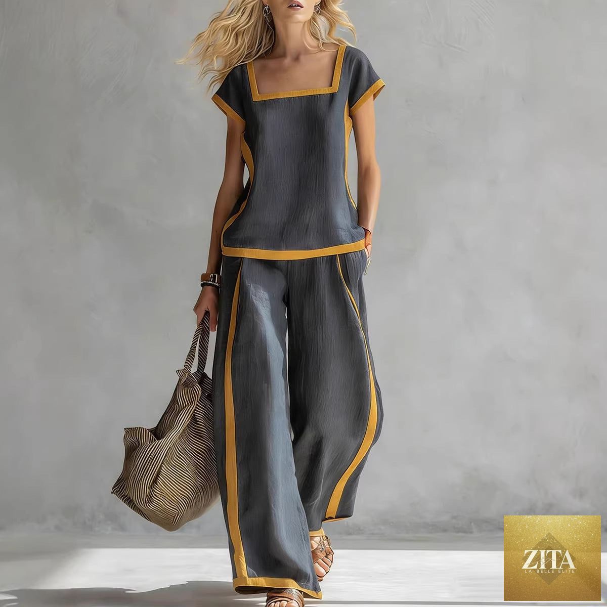 Women’s square neck short sleeve two-piece pants set by Zita La Belle Elite, casualwear with a stylish top and matching pants.