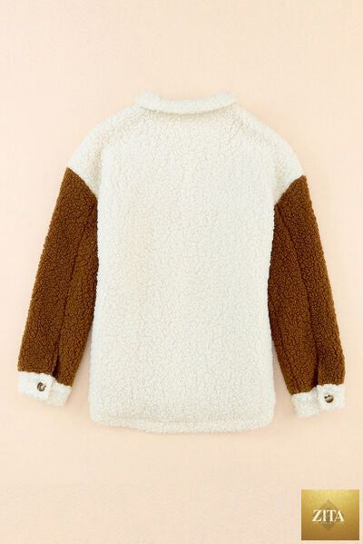 Women Stevvex cute Sherpa jacket with button closure and collared neck, featuring a cozy, retro style design.