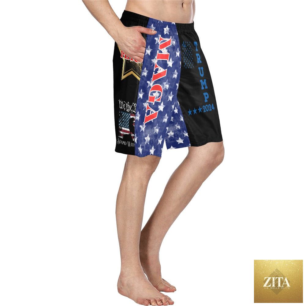 We the People Trump MAGA swim trunks by Baha Ranch Western Wear featuring patriotic design, perfect for summer beachwear.