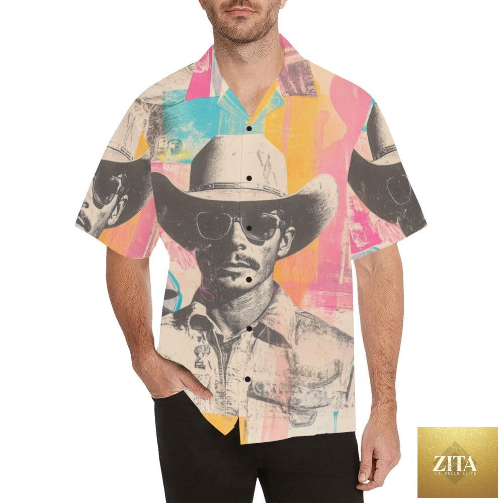 Retro Pop Western Cool Cowboy Men's Camp Shirt from Baha Ranch Western Wear, featuring a vintage-inspired western design.