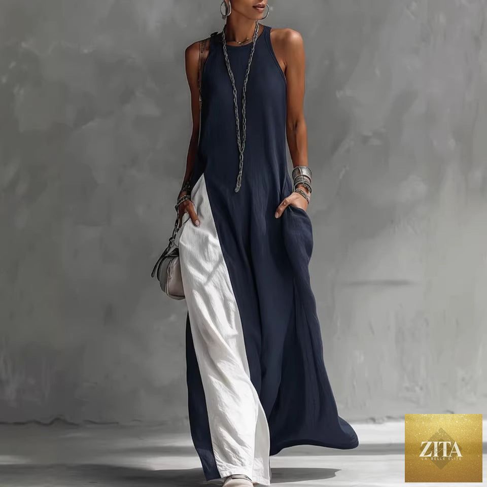 Women's sleeveless off-shoulder maxi dress by Zita La Belle Elite, casualwear with loose fit and convenient pockets, shown on a model