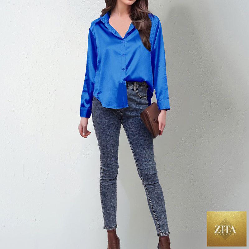 Women’s satin lapel button-down blouse by FitiqueFit, casualwear, featuring a sleek satin fabric with a classic collar and button closure.