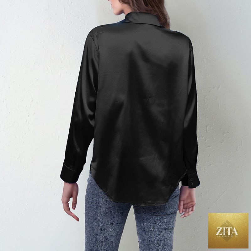 Women’s satin lapel button-down blouse by FitiqueFit, casualwear style, shown in a soft satin fabric with a relaxed fit and button closure.