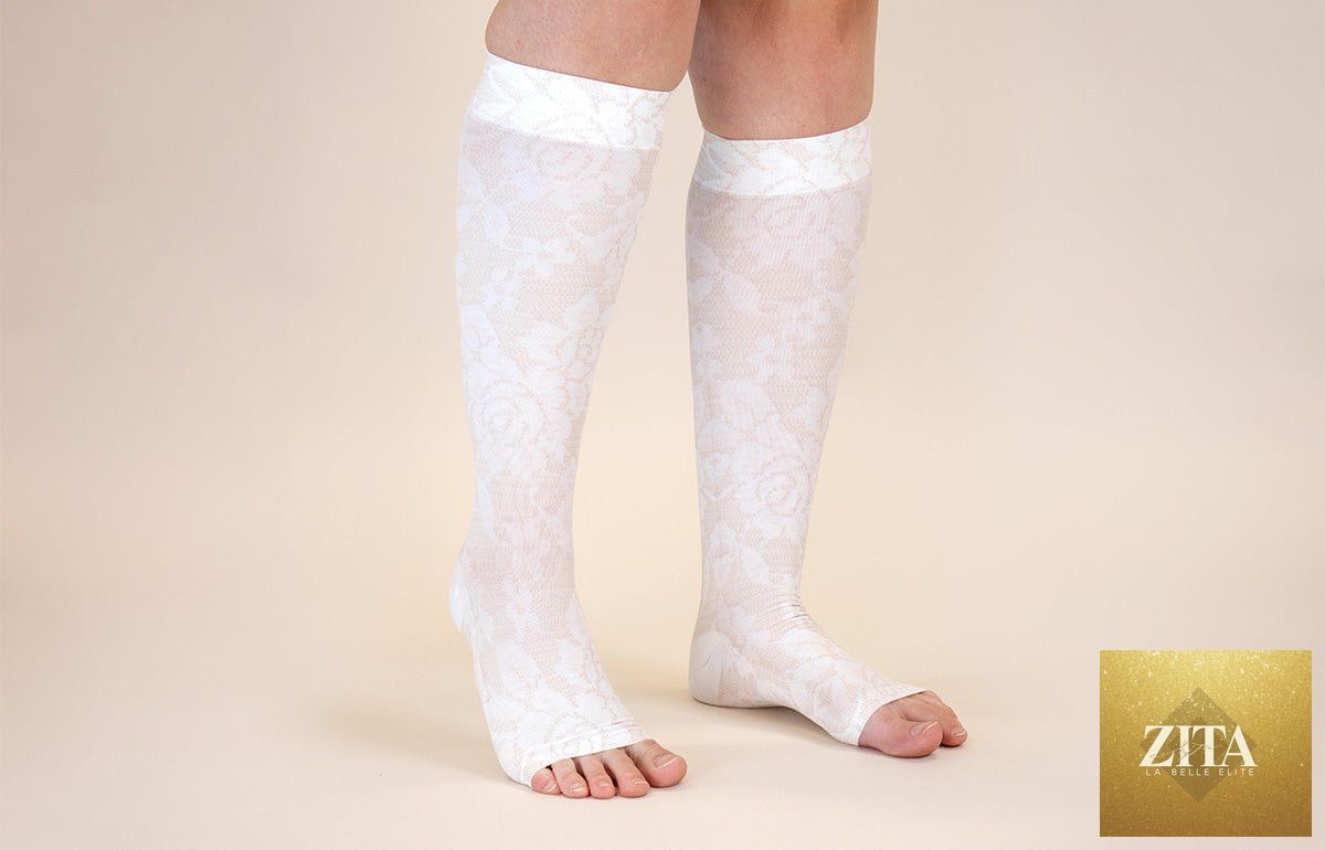 LympheDIVAs Darling Fair gradient compression socks with colorful striped design, providing support and comfort for legs.