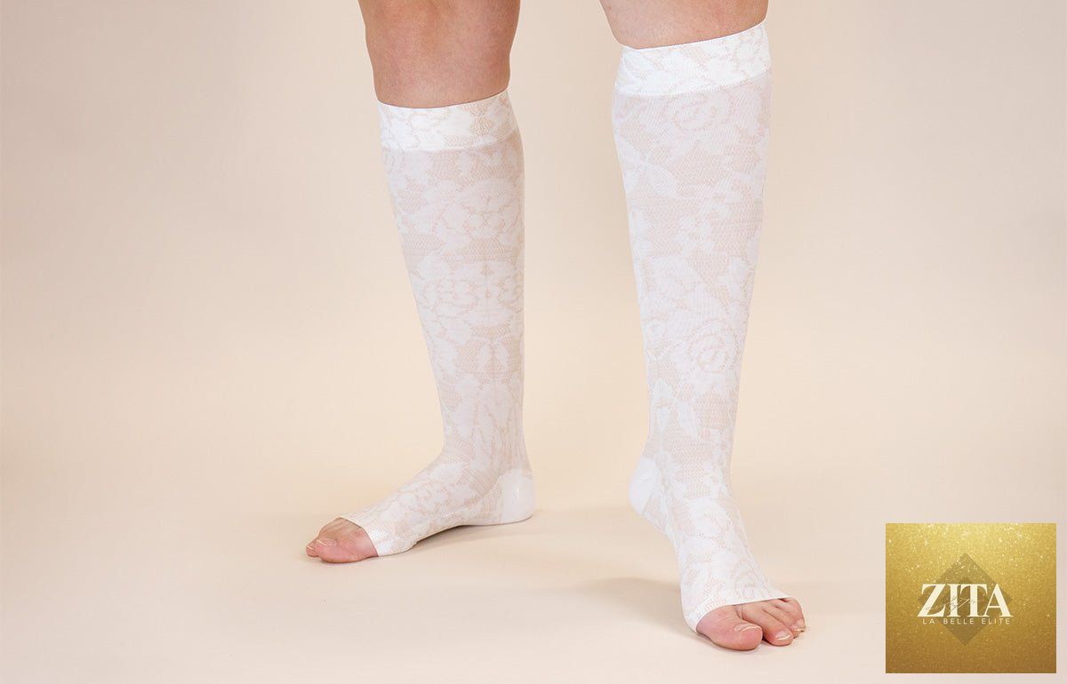 LympheDIVAs Darling Fair gradient compression socks with colorful striped design and comfortable fit.