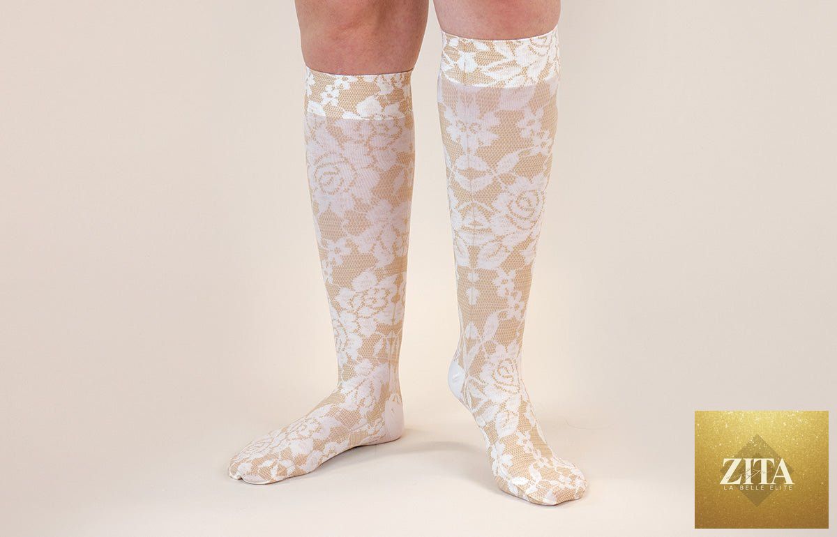 LympheDIVAs Darling Tan gradient compression socks with beige and brown shading, designed for support and comfort.
