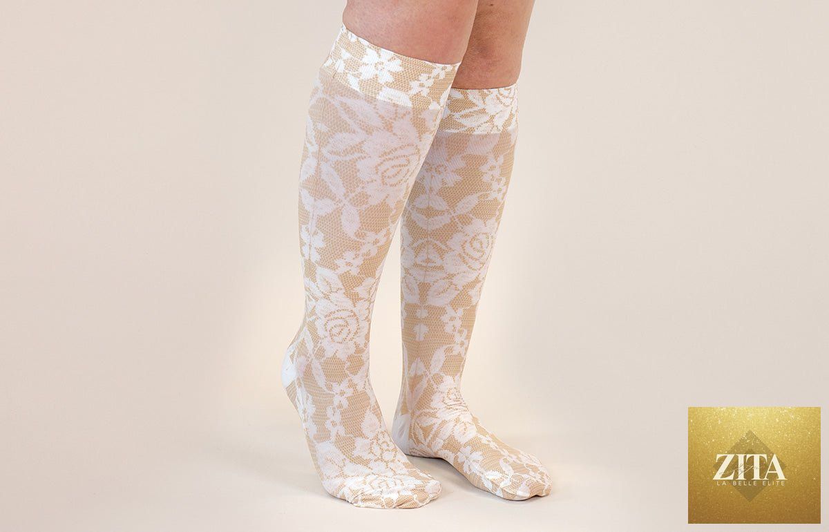 LympheDIVAs Darling Tan gradient compression socks with stylish design and graduated compression for improved circulation.