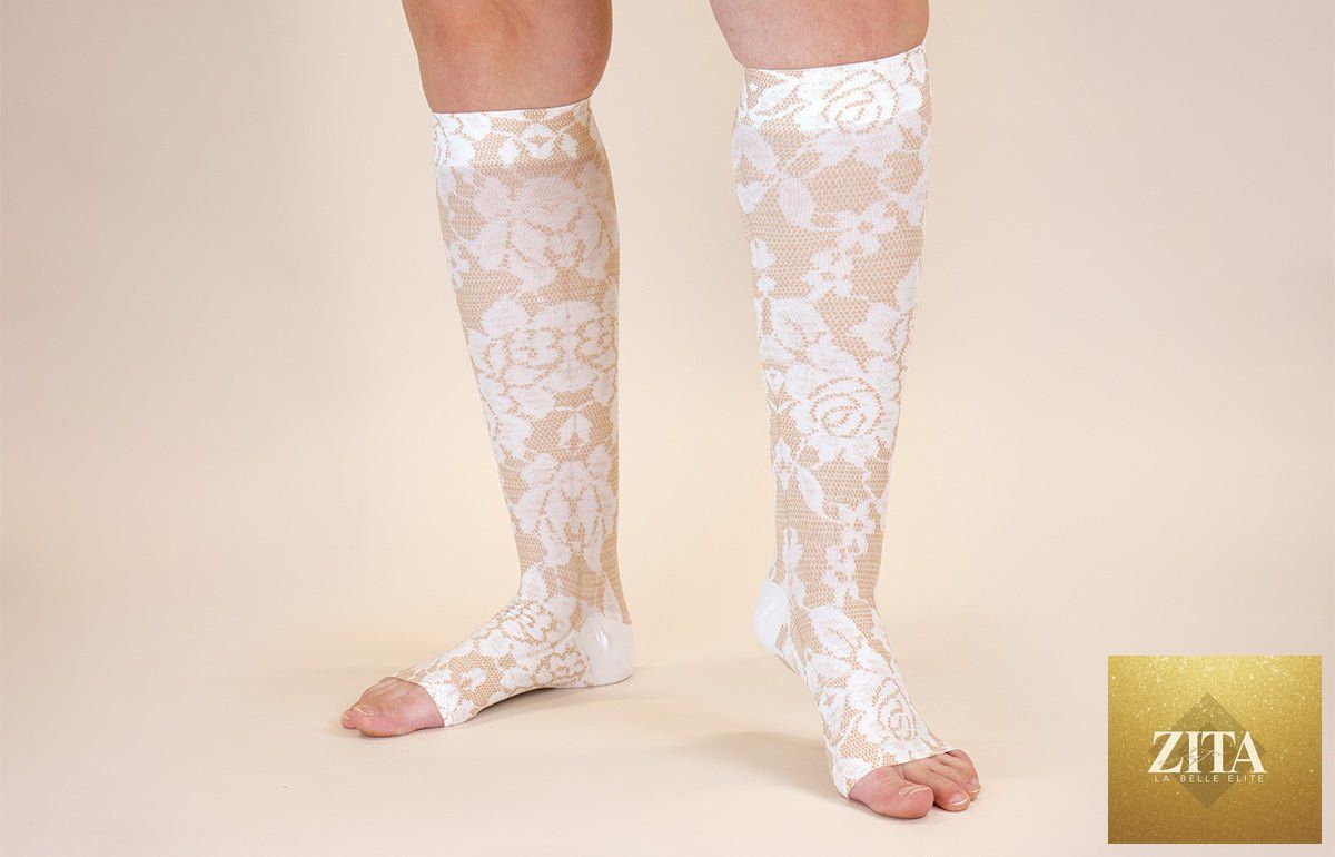 LympheDIVAs Darling Tan gradient compression socks with subtle color transition and ribbed texture for support.