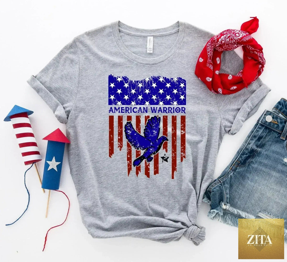 American Warrior T-shirt by Femstylo featuring a classic fit, ring-spun cotton fabric, and bold design representing strength and pride.