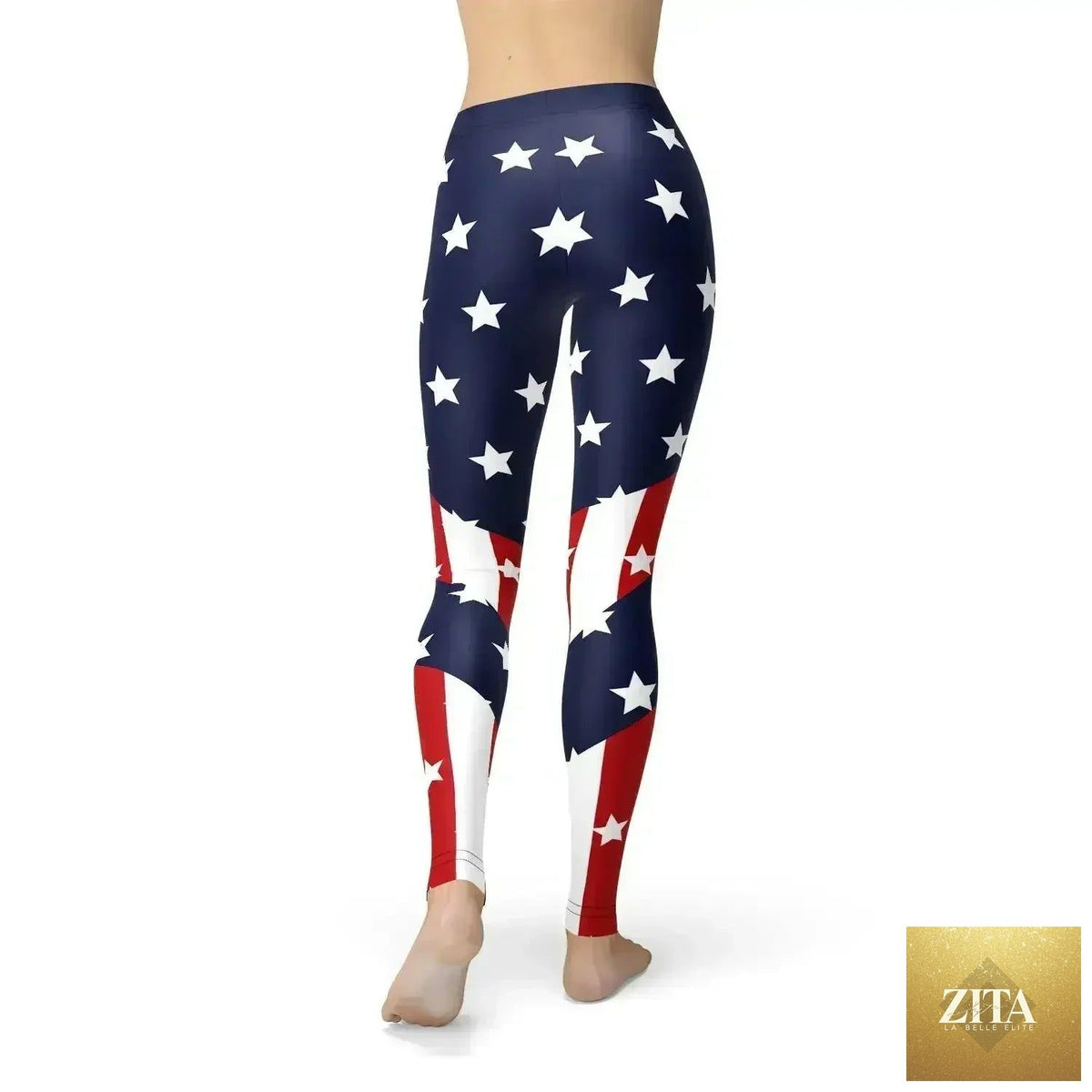Femstylo women's American flag leggings featuring patriotic red, white, and blue star and stripe design on stretchy fabric